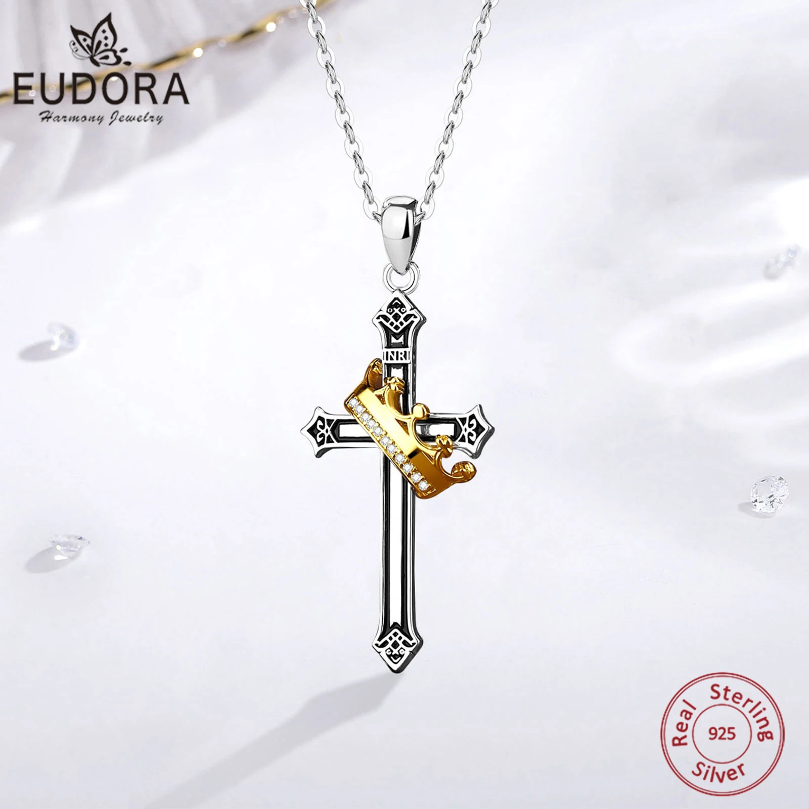

Eudora 925 Sterling Silver Cross Crown Pendant Zircon Cross Amulet Necklaces Religious Jewelry Christian Gift for Women Men