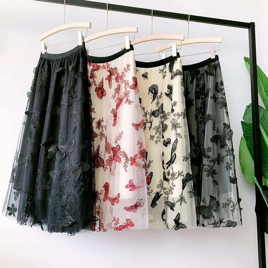 Butterfly Embroidered Women Skirts Long Mesh A-Line Tutu Skirt 2023 New Heavy Work Fairy Tulle Skirts for Women Faldas Saias