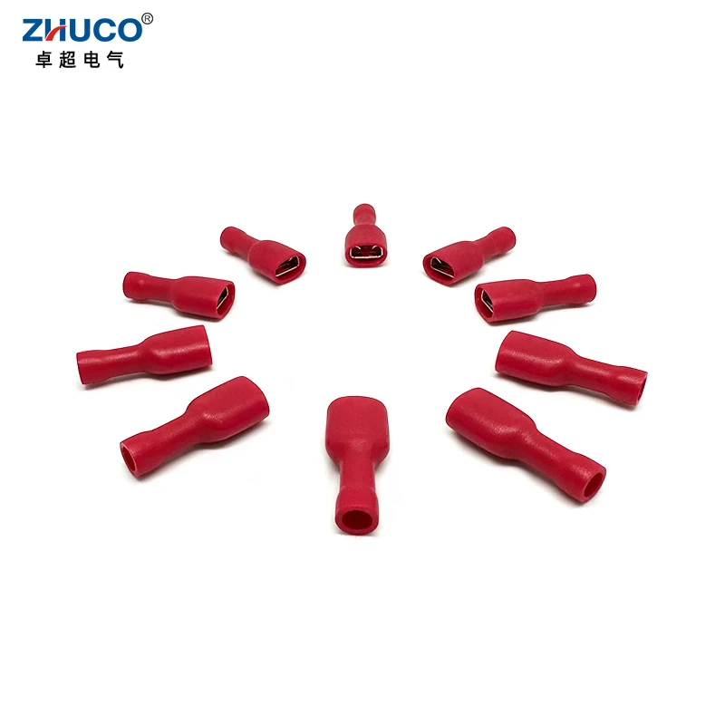 100pcs FDFD1.25-250 6.35mm Red Fully Insulated Electrical Cable Connector Faston Female Brass Crimp Spade Terminal 22-16 AWG