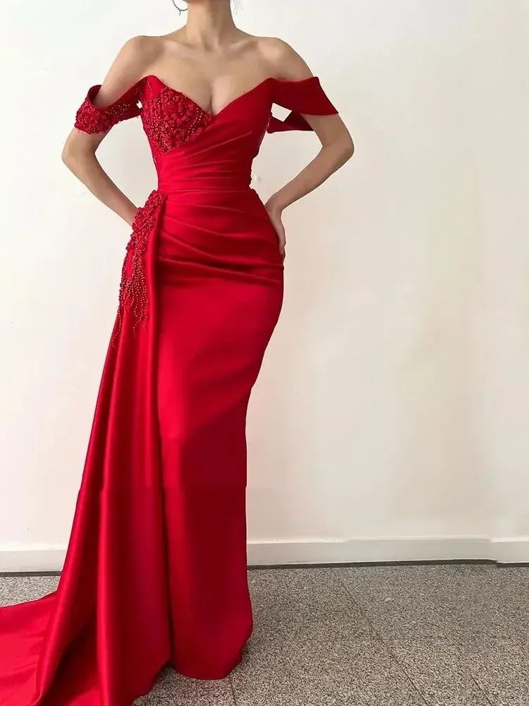 Customized Mermaid Evening Gown With Off Shoulder Beaded Dress Slim Fit Pleated Formal Party Dress