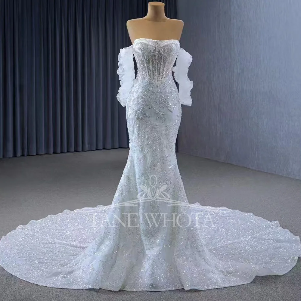 Customizable Strapless Detachable Sleeve Bridal Gown Lace Up Back Beading Sequined Sheath Style Wedding Dress