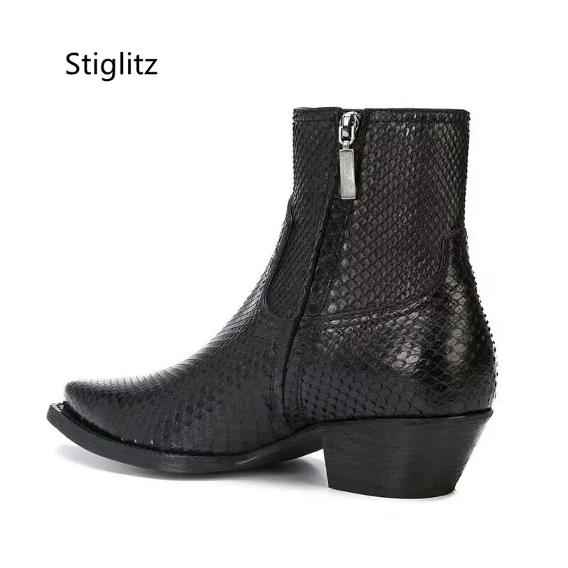 Snake Pattern Men\'s Ankle Boots Black Pointed Toe Zip Genuine Leather Chelsea Boots British Style Luxury Business Wedding Shoes