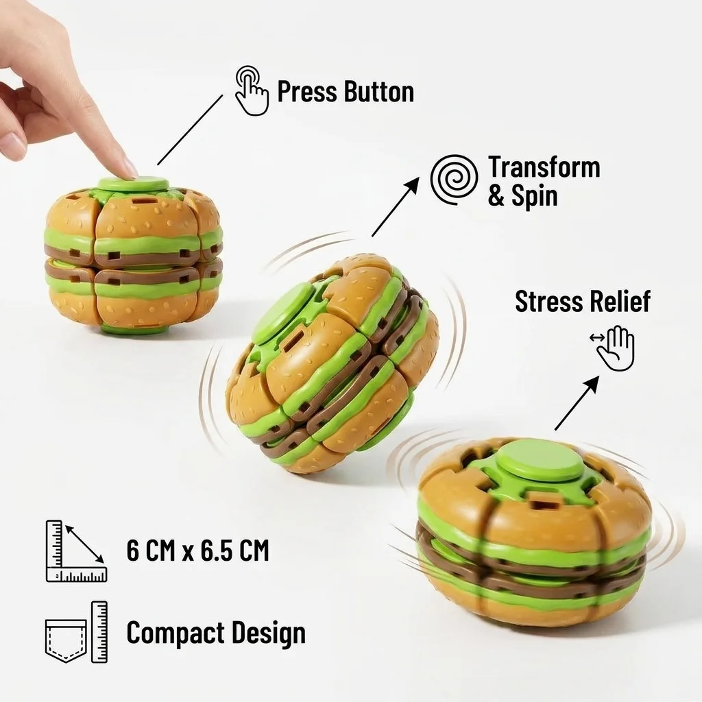 Deformable Burger Fidget Spinner Creative Press Rotating Gyro Toy Simulation Hamburger Stress Relief Sensory Office Relax Gift