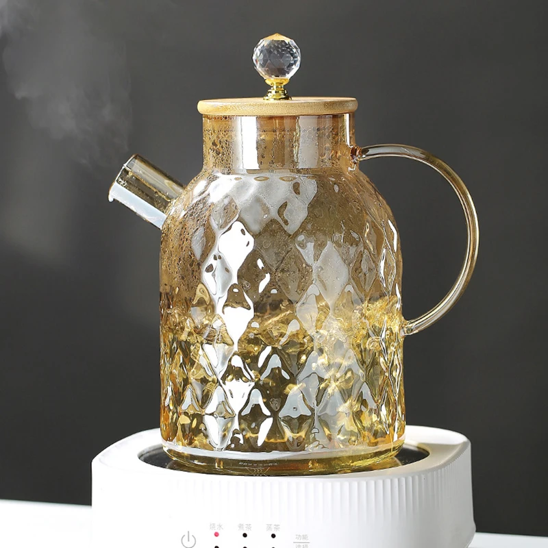 YWDL 1/1.5/1.8l Glass Teapot With Bamboo Lid Amber Color Diamond Cold Kettle Heat-resisting Pot For Loose Leaf Fruit Scented Tea