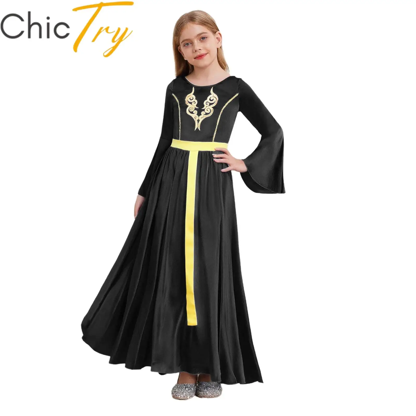

Kids Girls Medieval Cosplay Costume Renaissance Roleplay Dress Flare Sleeve Sequins Dress for Halloween Carnival Party Dress Up