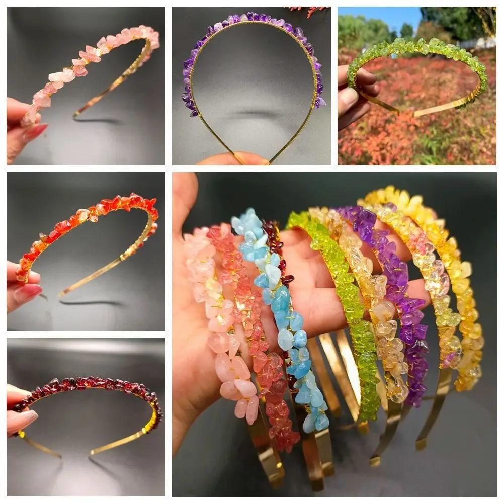 Party Accessories Natural Stone Ethnic Amethyst Hair Hoop Stone Tiara Raw Quartz Crystal Headband Colorful Stone