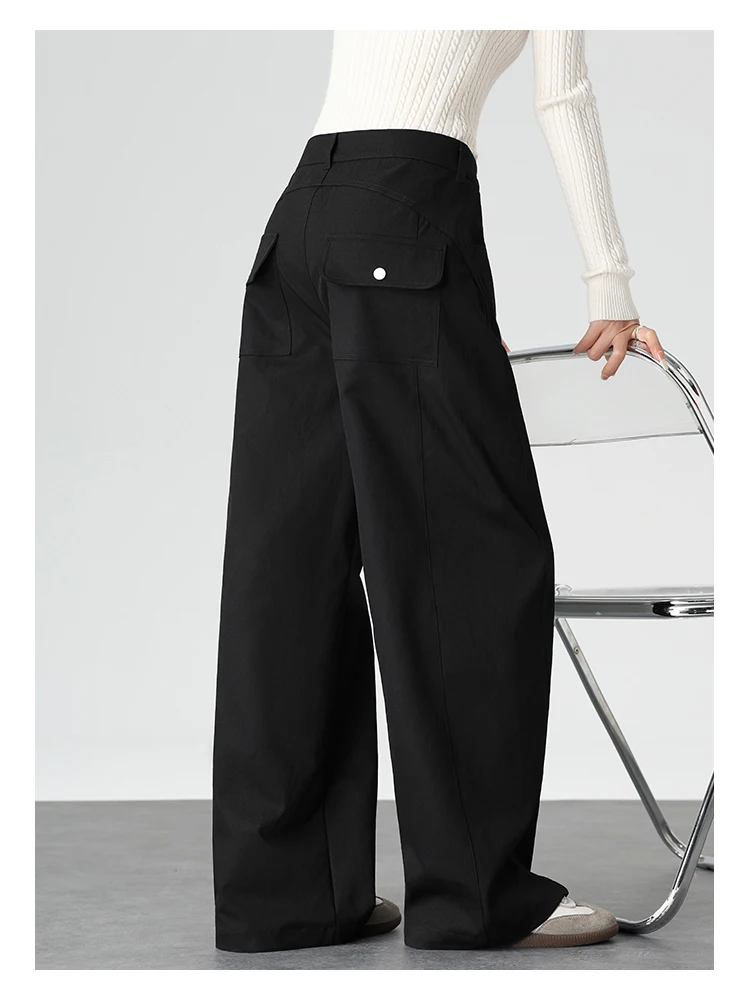 Hochgeschnittene Gerade Hose für Damen, Vintage-Stil mit Klappentasche, Gerade Weite Hose im Koreanischen Stil, Drapierendes Design, Schlankmachende Lange Hose – Detail 15
