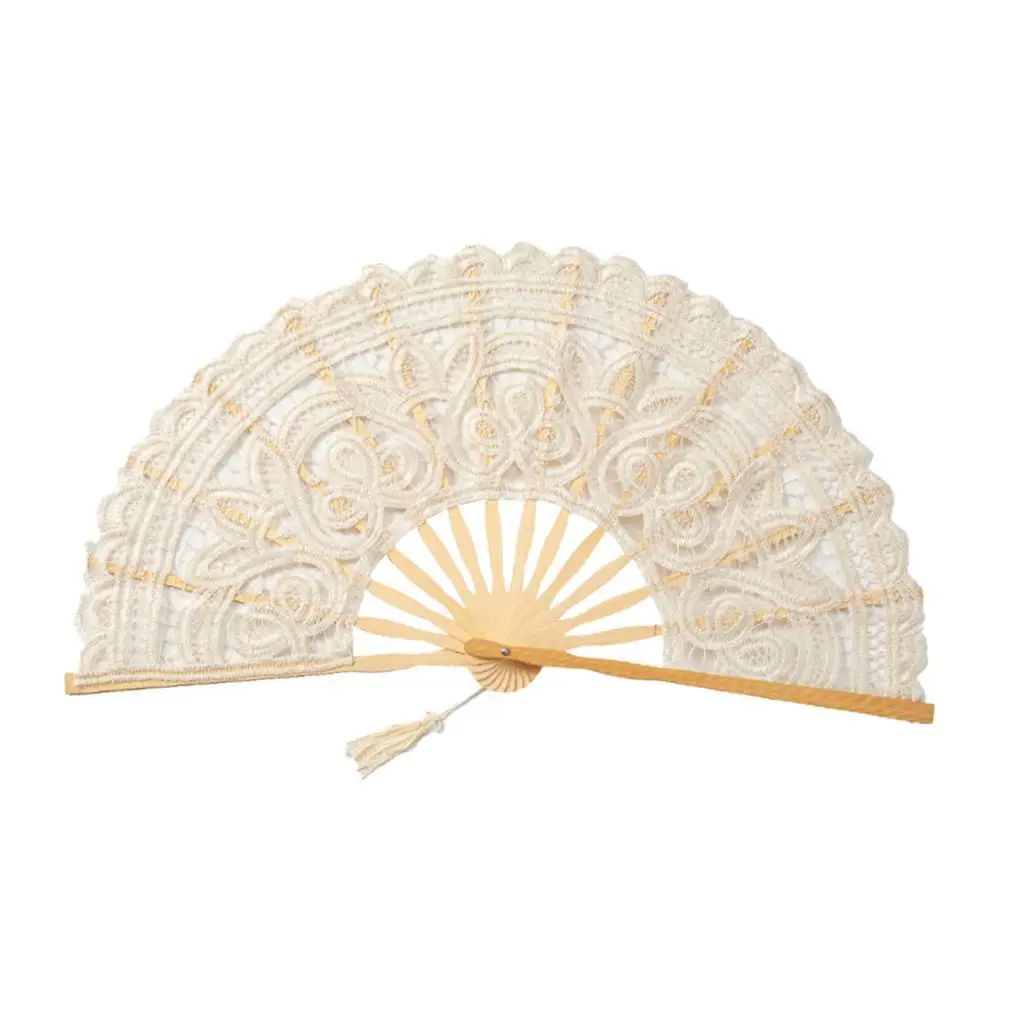 Chic Vintage Hand Held Lace Fan Elegant Fabric Folding Fan for Bridal Wedding Decoration and Cosplay Performance