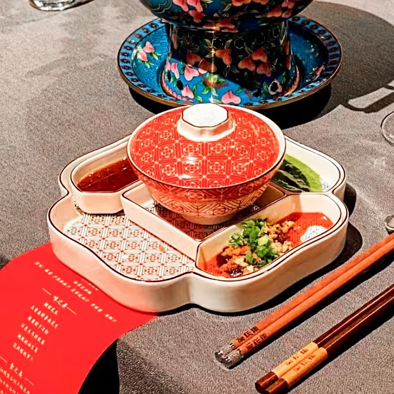 Four-piece set of new Chinese-style ceramic table, new Jingxi old Beijing brush mutton hot pot seasoning dish tableware