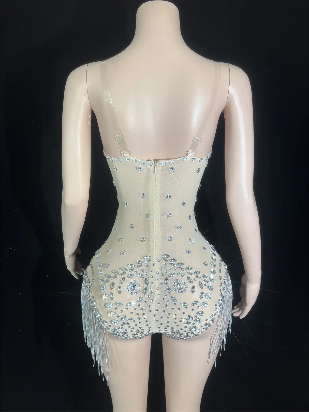 ชุดปาร์ตี้โชว์เกิร์ลสุดหรู ชุดคอสตูมโชว์เกิร์ลสุดหรู ชุดปาร์ตี้ประดับคริสตัลวิบวับ บอดี้สูทรัดรูปประดับโซ่สำหรับผู้หญิง เซ็กซี่โชว์หลัง