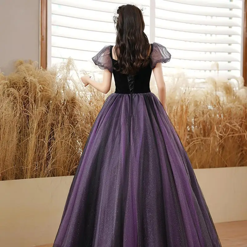 Robe Quinceanera violette en dentelle, à manches courtes, en Tulle, longueur au sol, effet d'illusion, pour débutantes, nouvelle collection 2023