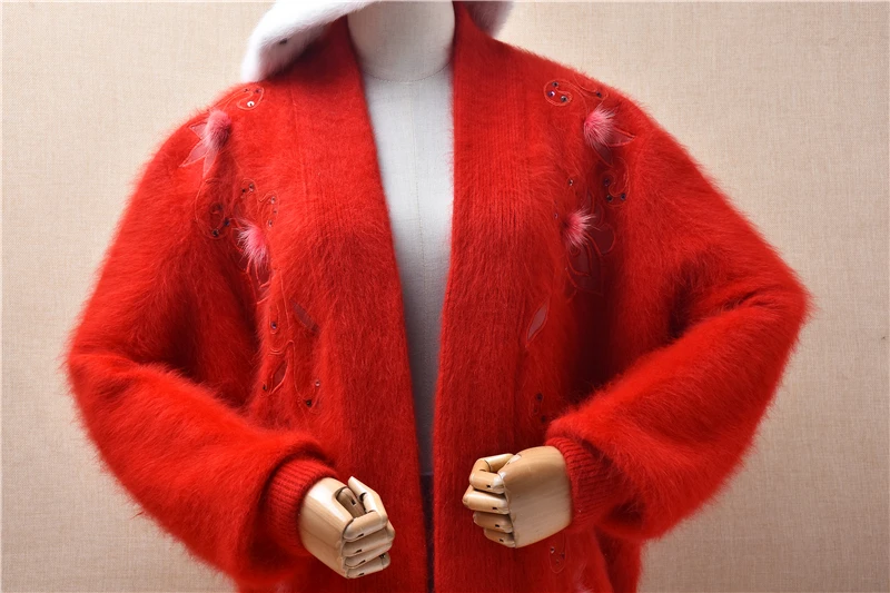 Women Mujer Autumn Winter Red Hairy Soft Angora Rabbit Hair Long Lantern Sleeves Embroidery Beading Loose Cardigans Mantle Coat