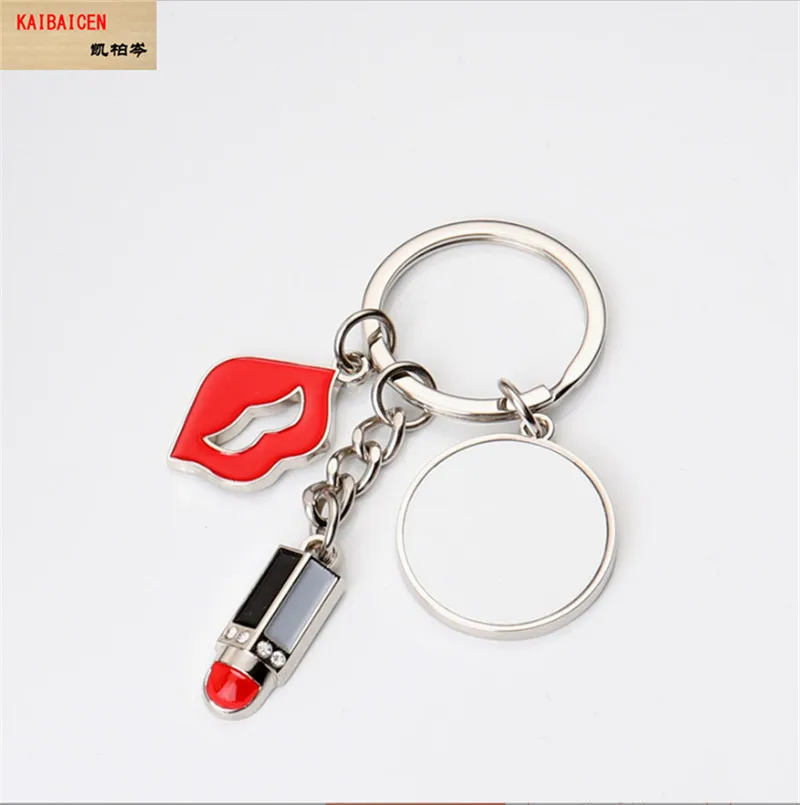 

100SETS Sublimation blank Sublimation blank Lipstick Lips Heart Round Keychain heat transfer printing mouse key ring products