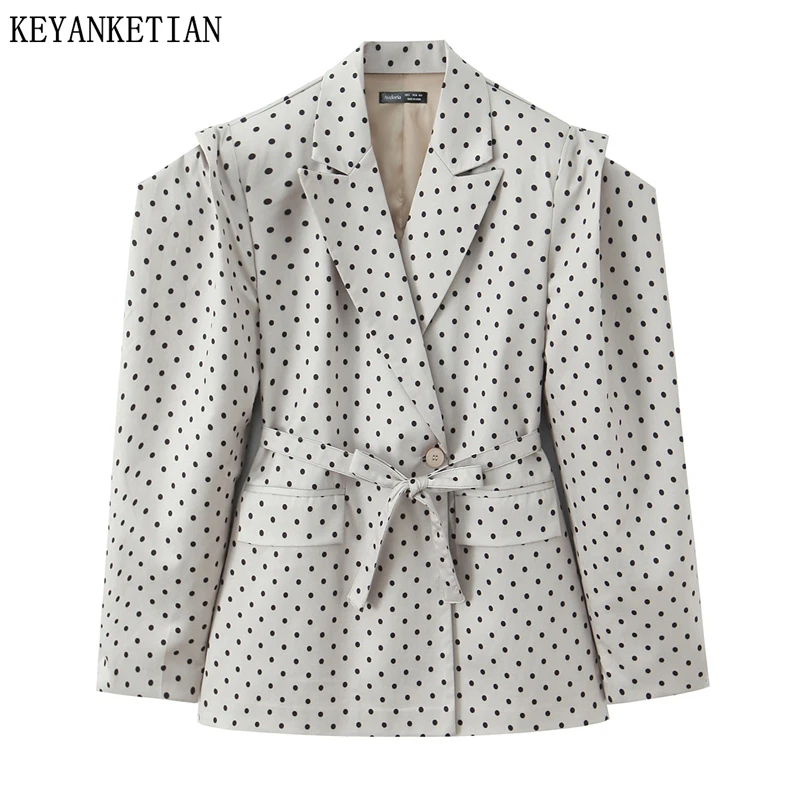 

Женский пиджак KEYANKETIAN 2026, весенняя новинка, в горошек, в стиле ретро, с поясом, с пышными рукавами, на одной пуговице