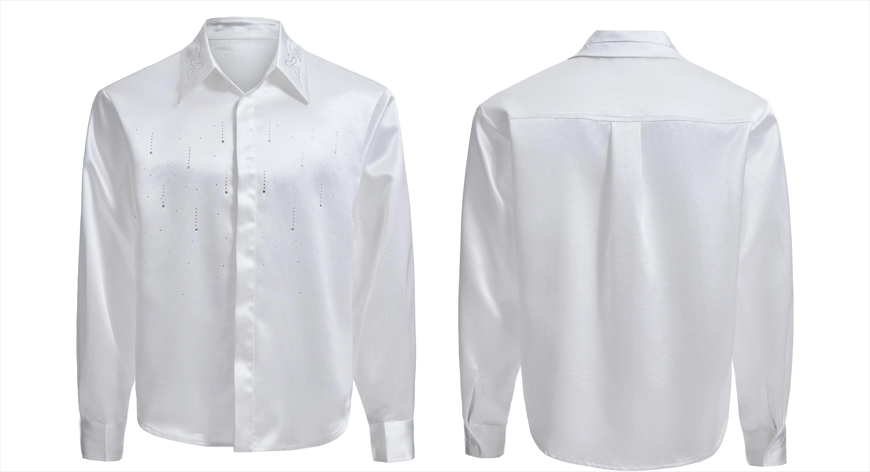 Men's 2025 Autumn New Solid Color Silk Satin Shirts Fine Flash Hot Diamond Shirt Elegant Loose Trendy Versatile Cotton Chic Tops