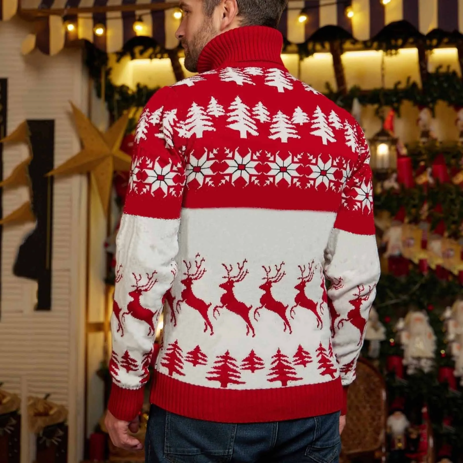 Men Turtleneck Christmas Sweater Casual Xmas Tree Elk Print Pullovers Christmas Theme Knitted Sweaters Autumn Winter Men Clothes