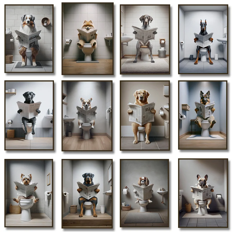 Доберман овчарка золотистый ретривер читает газету на туалете забавная картина на холсте для ванной комнаты настенные принты домашний декор