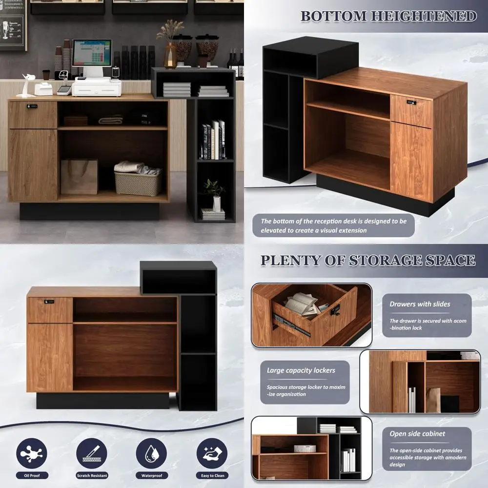 

L-образная стойка ресепшн с запирающимся ящиком и регулируемыми полками, 59-дюймовая сменная передняя панель для малого бизнеса или салона красоты