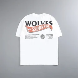 Oversize Black White 230G Cotton Hip Hop Streetwear Wolves Letter Print T Shirt Men Short Sleeve T-Shirt Cotton Loose Tops Tees