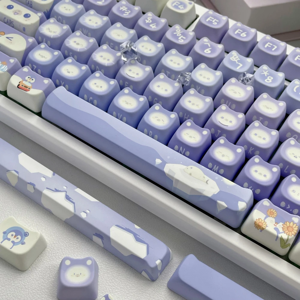 MAO Profile Penguin Valley Theme Mechanical Keyboard Keycaps PBT Material 142 Keys Cute Cat Head Design Keycap Purple Key Cap