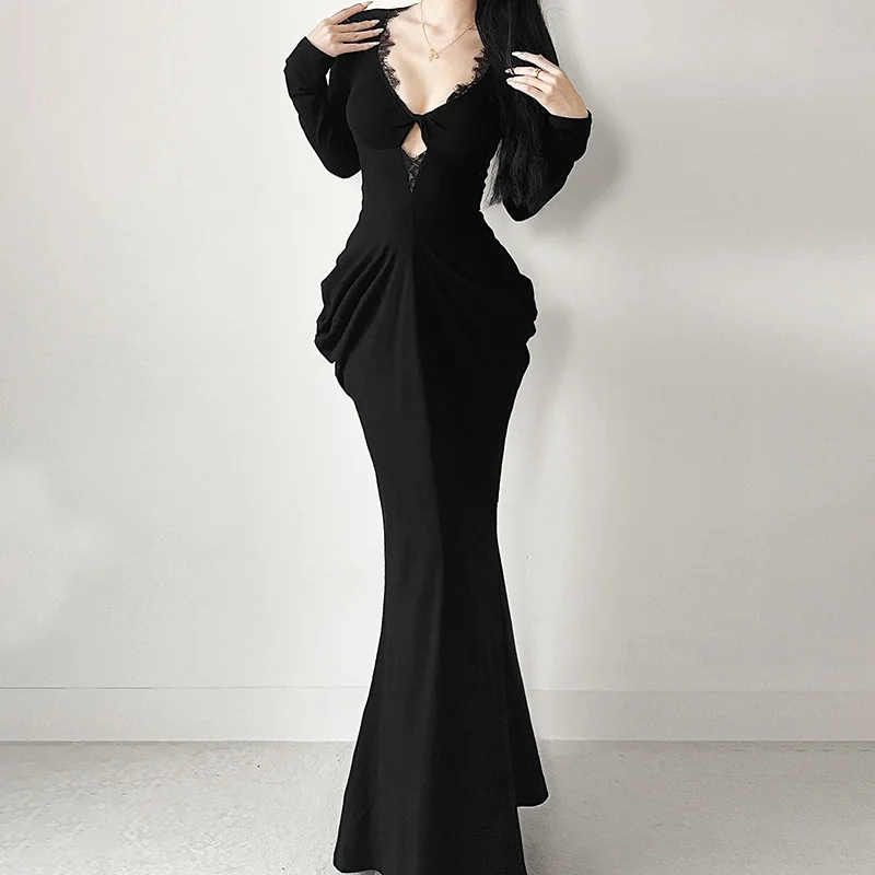 

Autumn New Sexy Hip Hugging Skirt With European And American Style Elegant V-Neck Waist Cinching Dress