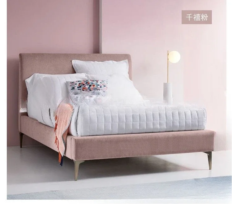 Nordic Modern Simple Fabric Double Bed Furniture Bedroom Metal Foot Soft Bag Wedding Flannel Queen Bed