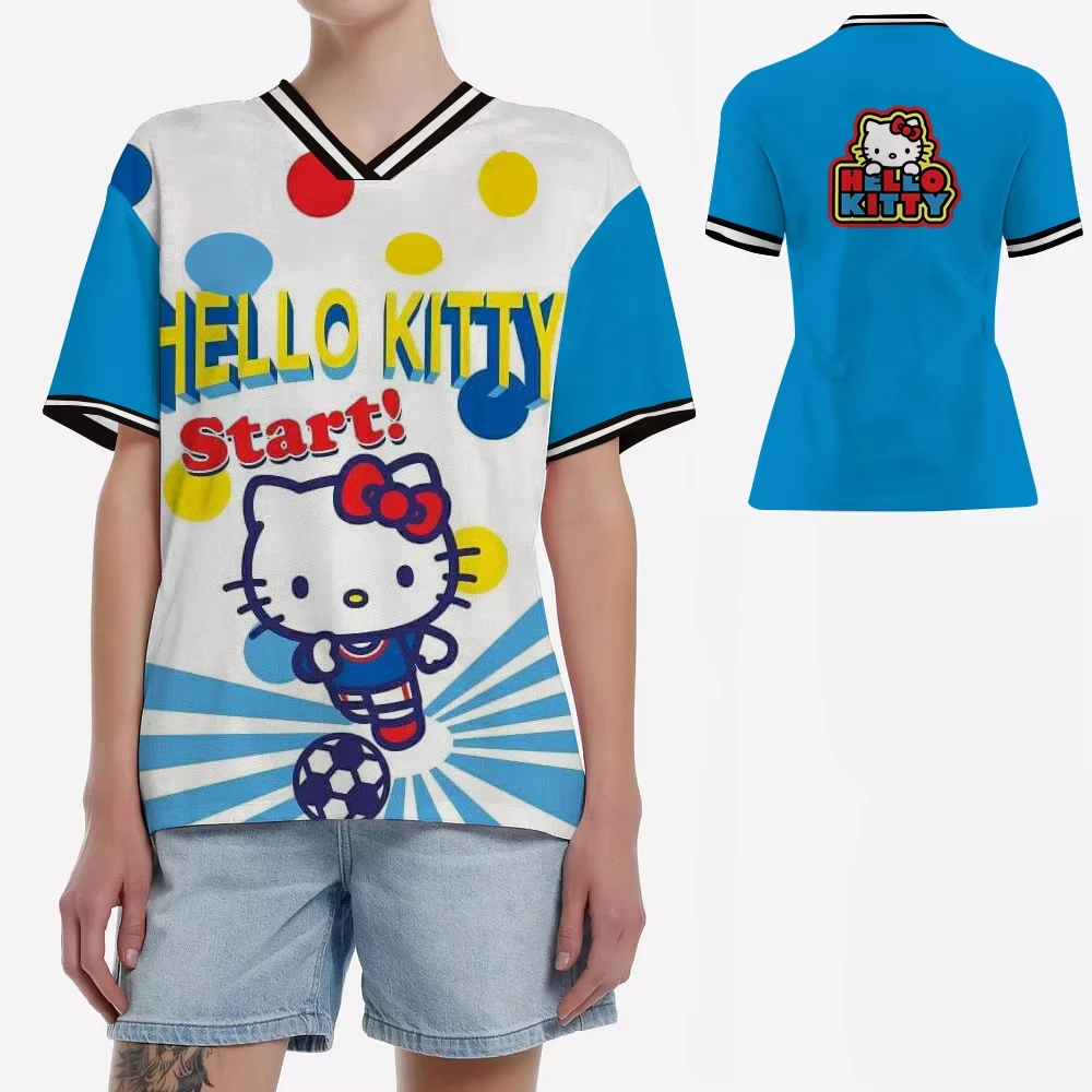 

Летняя модная женская футбольная майка с v-образным вырезом и принтом Hello Kitty, повседневный спортивный топ с короткими рукавами, свободная футболка в стиле Харадзюку