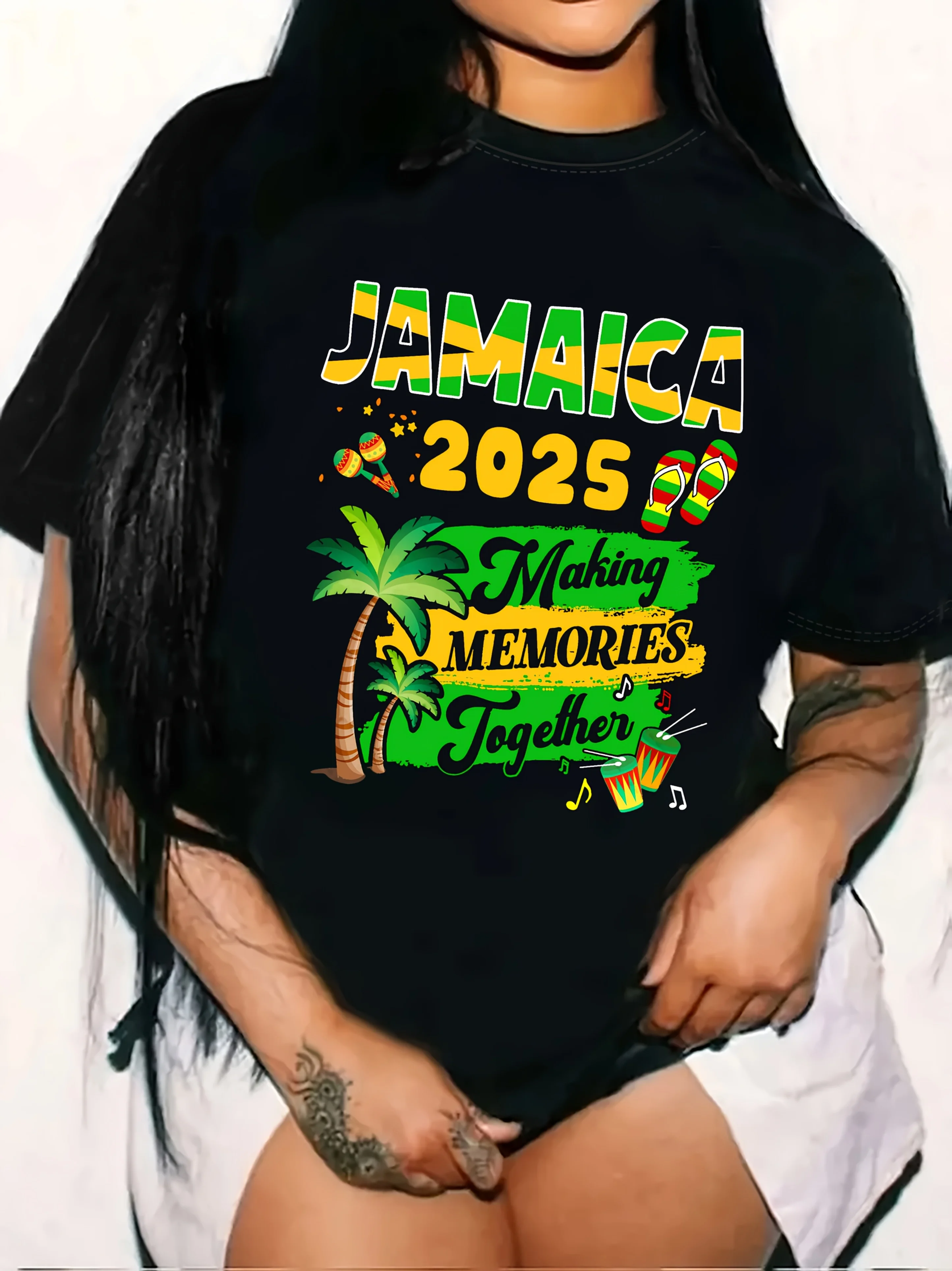 تي شيرت نسائي كاجوال برقبة دائرية من جامايكا 2025، أكمام قصيرة، نسيج بوليستر محبوك مسامي، قابل للغسل في الغسالة