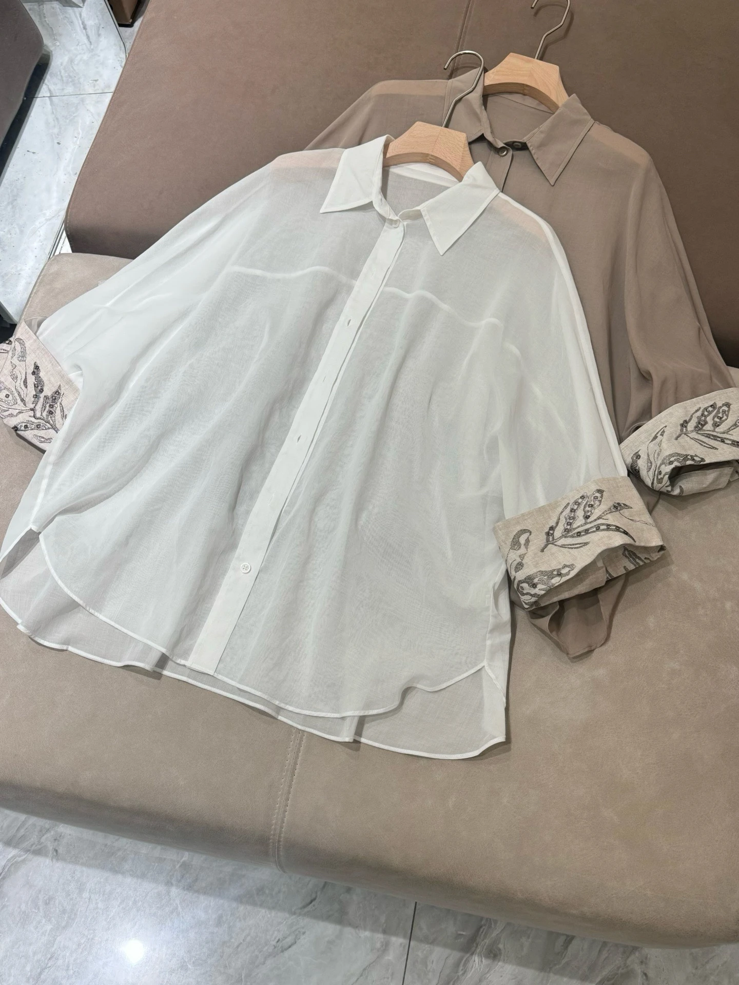 

Heavy Embroidery Bead Cotton Linen Casual Loose Single Button Faionable Women's irt Turn-down Collar Nine Sve Length