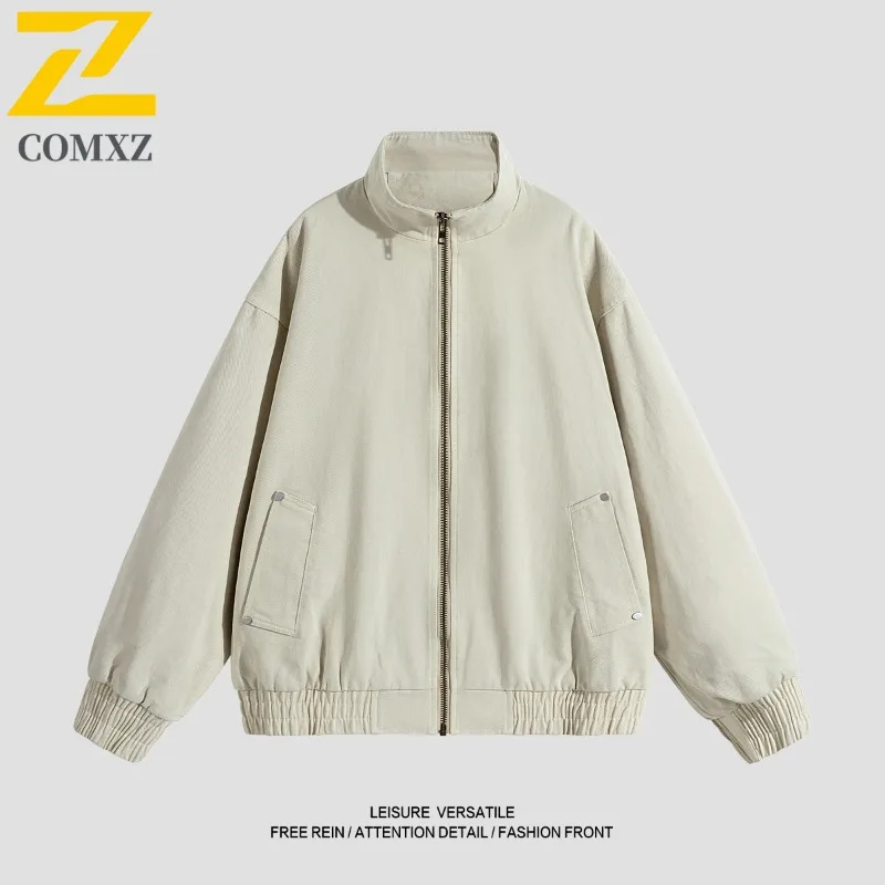 

COMXZ Men's Jacket 2025 Spring and Autumn New Cotton Retro Washed and Used Collar Jacket Outdoor Casual Loose Work Jacket Youth