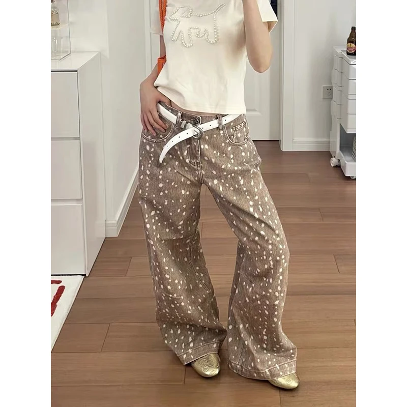 

ZHIZOU Winter Women's Flared Pants Low Rise Leopard Print Bell Bottom Y2k Cowboy Baggy Harajuku American Vintage 2000s Denim
