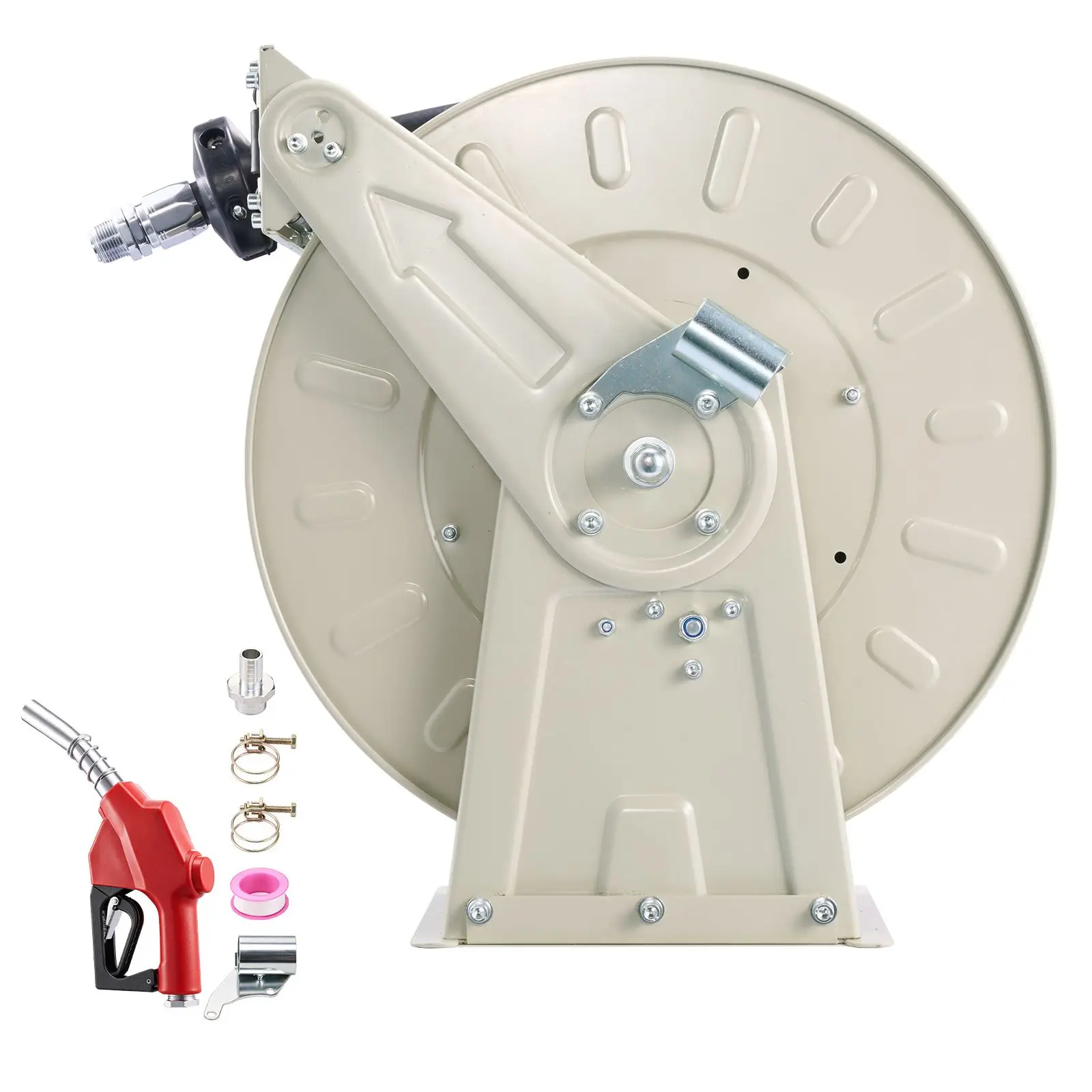 Fuel Hose Reel, 1 inch x 33 ft Retractable, Spring Driven Auto Swivel Rewind, 300 PSI, Heavy-Duty Carbon Steel Construction with Industrial Grade Rubber Hose, for Diesel Fuel, Kerosene