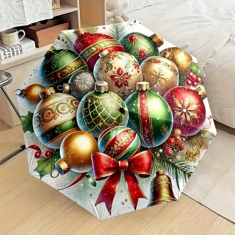 

Автоматический складной зонт с рождественским дизайном и красным бантом - компактный зонт с 8 спицами, золотой/зеленый/золотистый