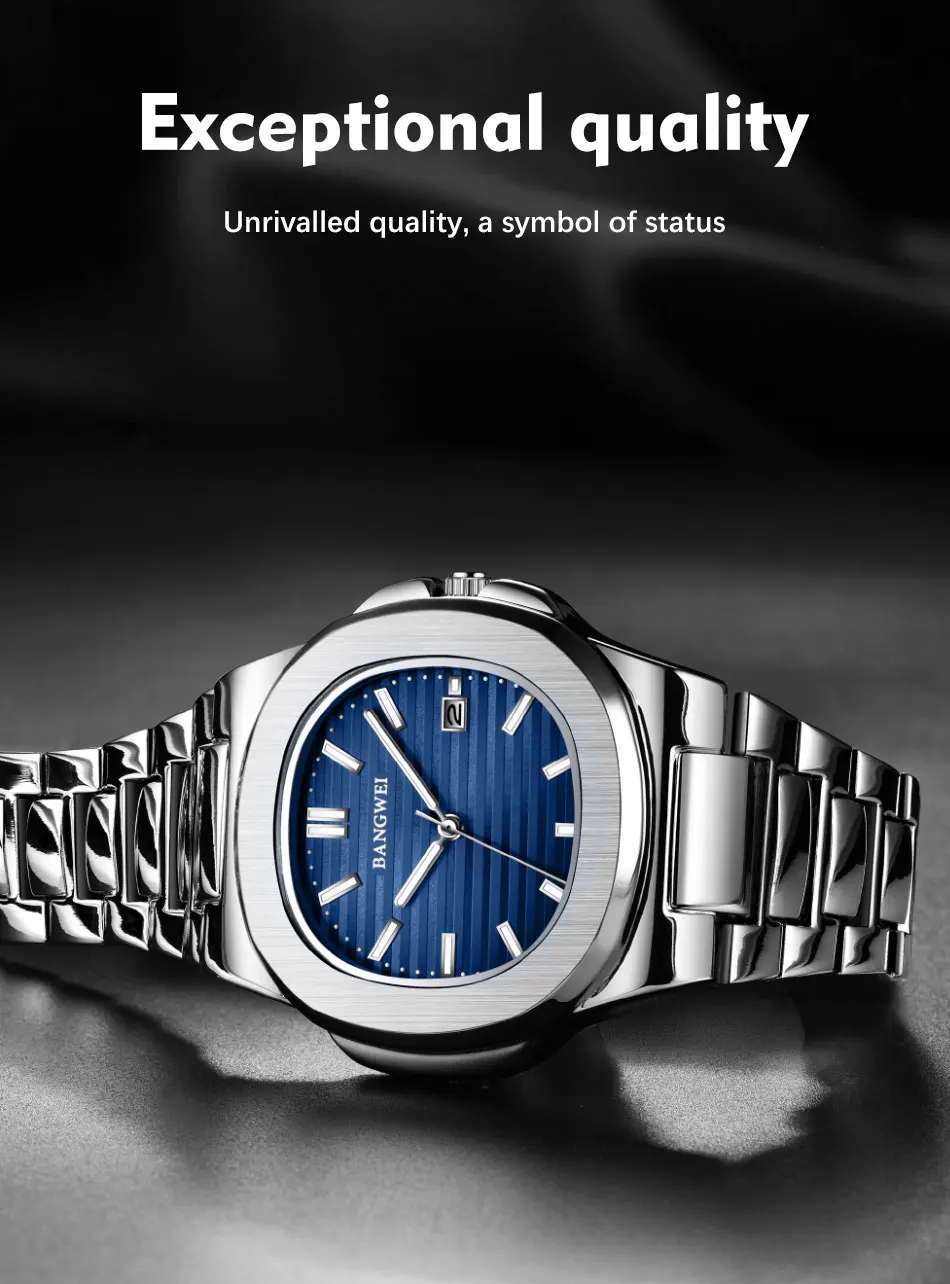 BANGWEI Modische Quadratische Quarz-Herrenuhr Wasserdicht Leuchtend mit Datumsanzeige Edelstahl-Uhren für Männer Luxuriöse Business-Herrenarmbanduhr – Detail 6