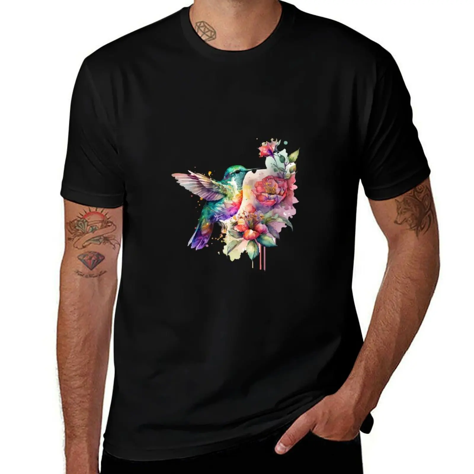 

Colorful Watercolor Hummingbird and flowers T-Shirt T-shirts man Blouse funny costumes luxury clothes men