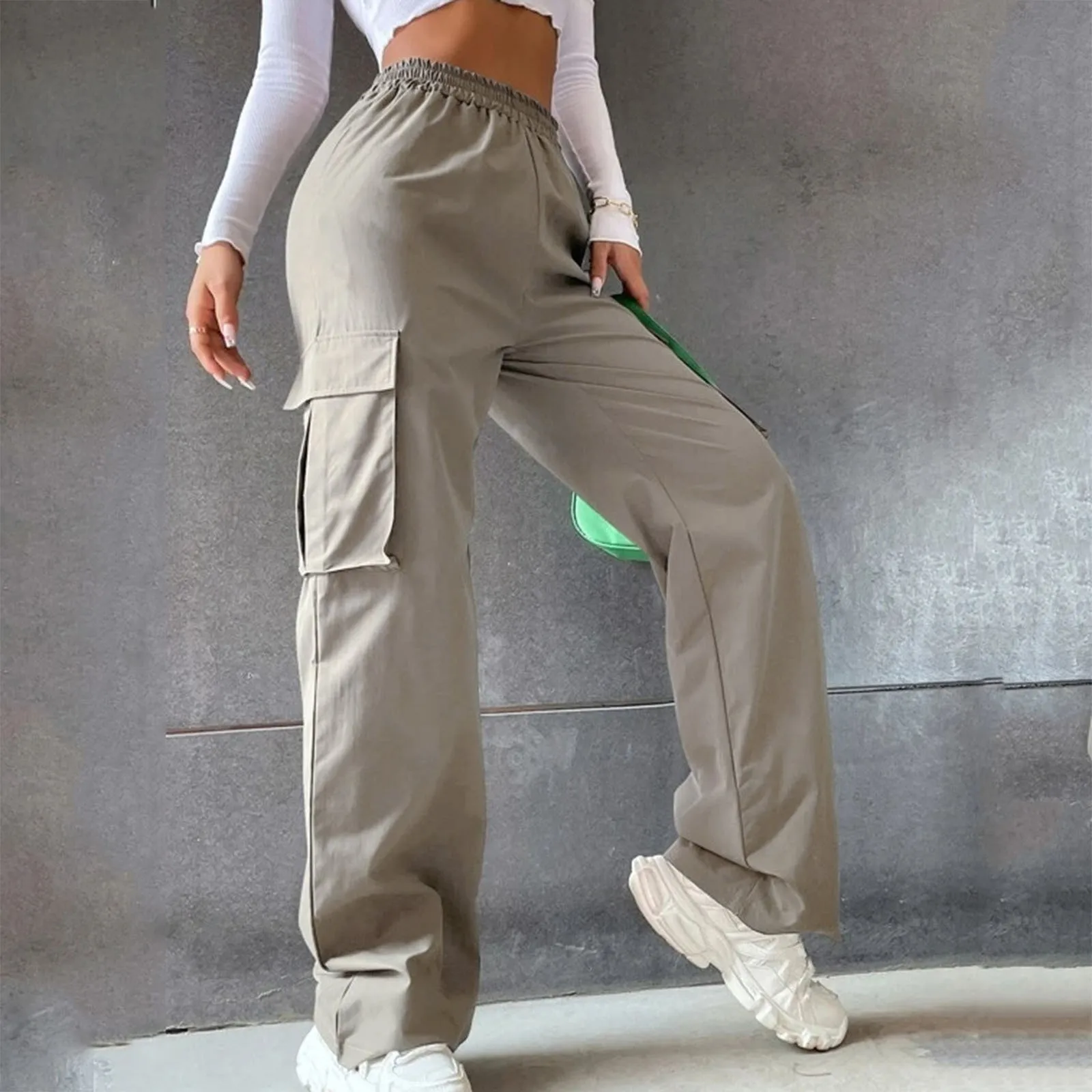 

Women'S Cargo Pants Elastic High Waisted Wide Leg Trousers Straight Leg Cozy Leisure Style Trousers Casual Sweatpants Outfits