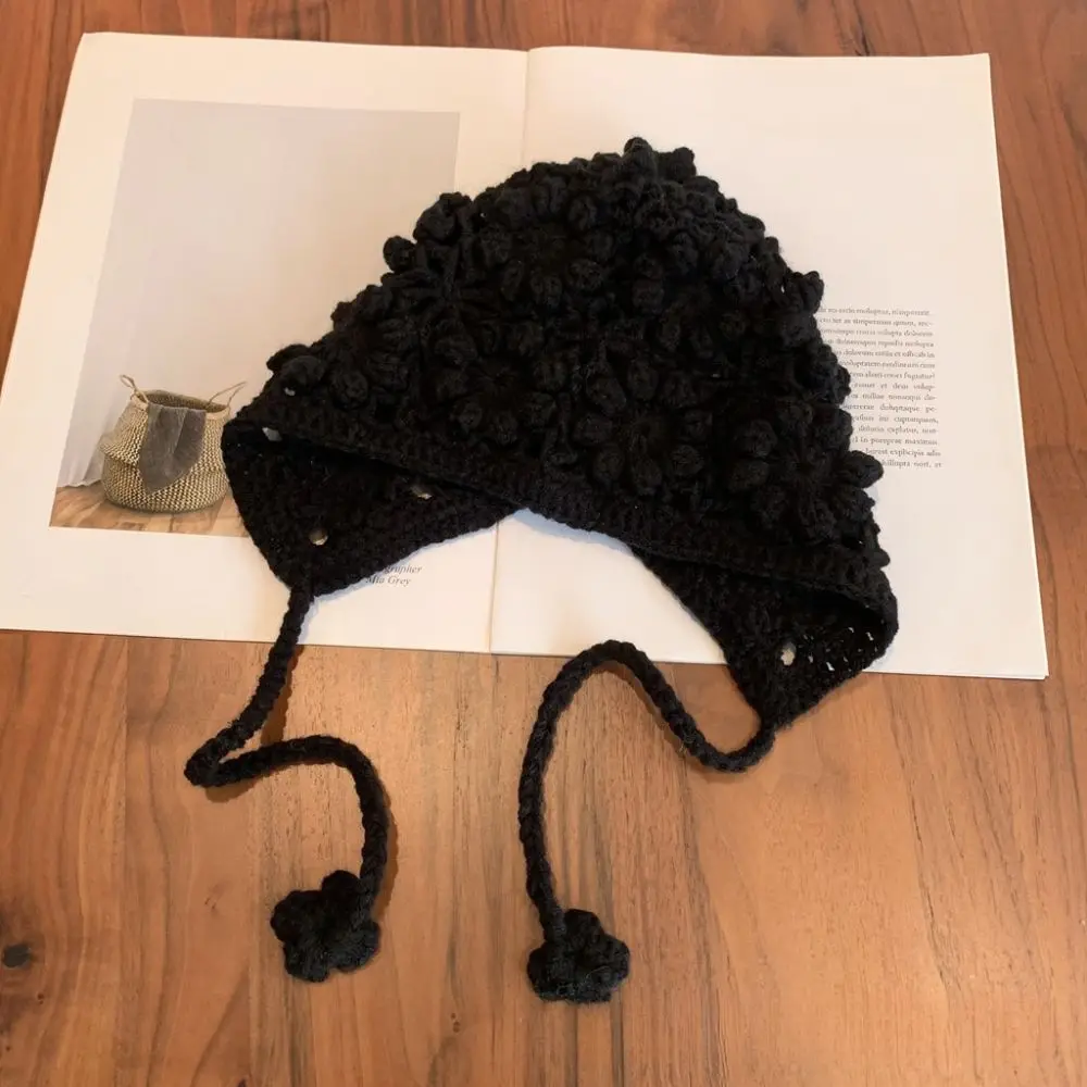 Toddler Girls Winter Earflap Beanie Handmade Knitted Hat Soft Warm Solid Color Princess Style Bonnet Cute Korean Cap