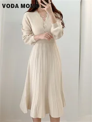 Long Sleeve Slim Woman Sweater Dresses Knitted Elegant Midi Party Woman Dress Spring Autumn Retro One Piece Korean Pleated Dress
