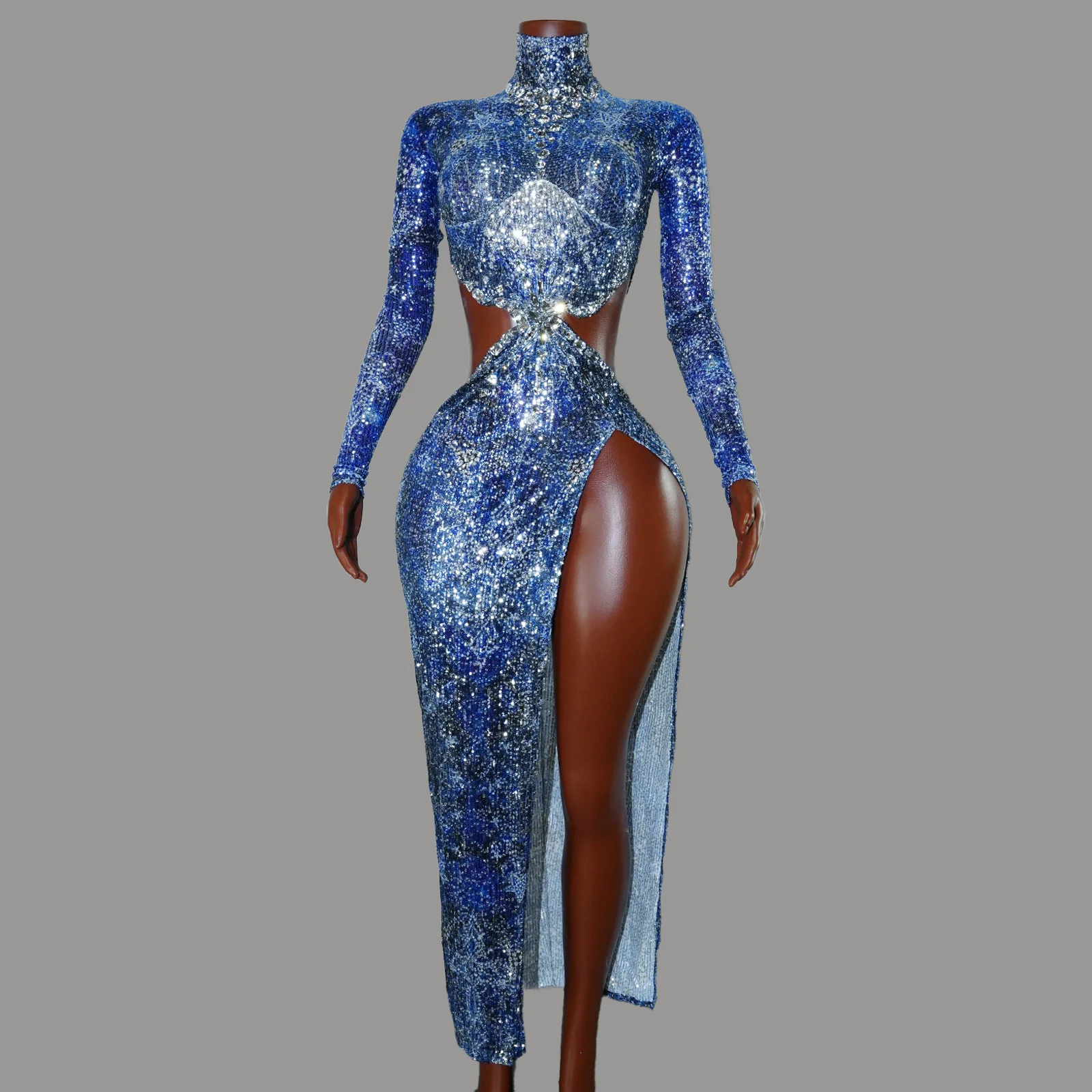 

Sexy Blue Sequin High Neck Long Sleeves Waist Cutout High Slit Dress Evening Party Singer Performance Stage drag queen Costume
