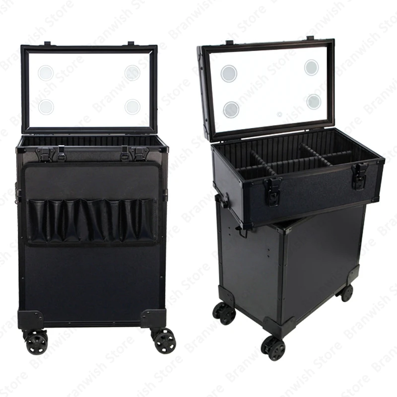 Rolling Makeup Train Case Professional Cosmetology Case Trolley Portable Cosmetics Case With Mirror Black Nail Makeup Organizer