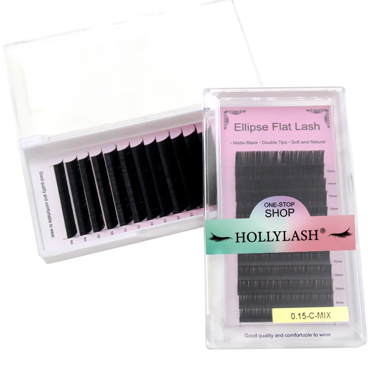 HOLLYLASH Ellipse Flat Lashes Extension Double Tips Professionals 8~15mm Split-tips Ellipse Eyelash Faux Mink Nature C D DD Curl