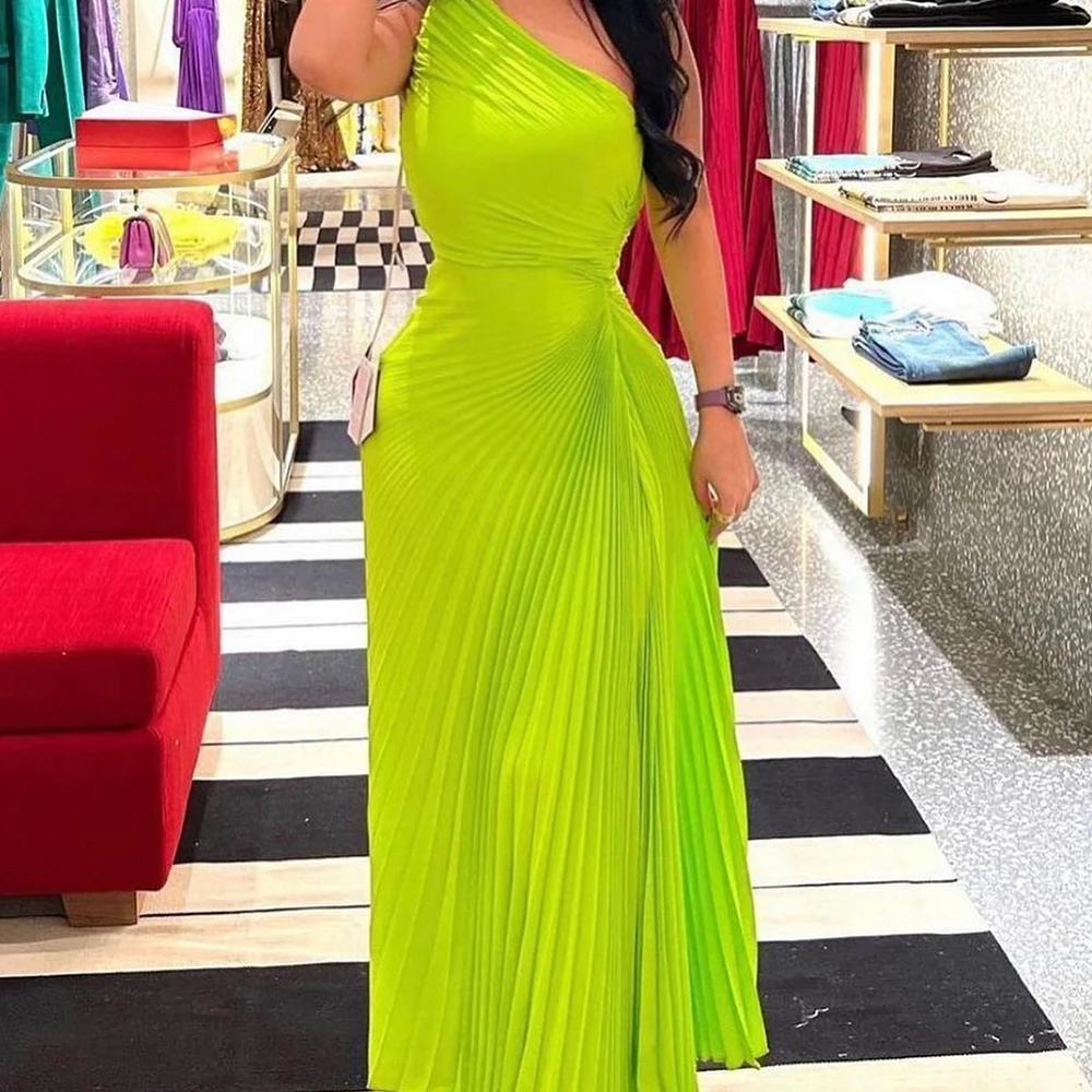 

Customized Modern One Shoulder Pleats Piping Evening Dresses Temperament A-Line Chiffon Green Prom Gowns فساتين سهره نسائيه فخمة