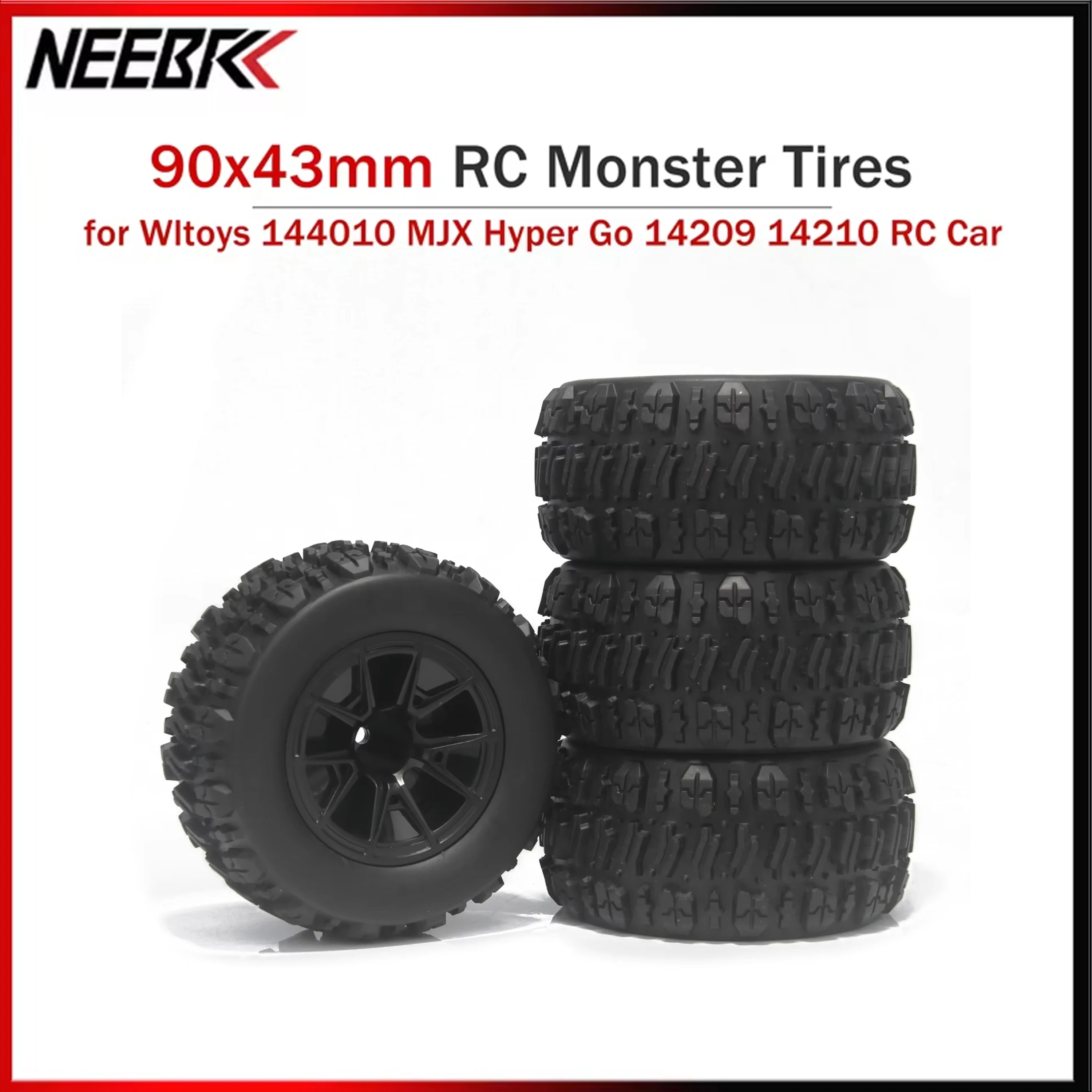 4PCS 90*43mm RC Monster Tires 12mm Hex Skidproof Rubber Wheel Tyre for Wltoys 144010 MJX Hyper Go 14209 14210 RC Car Buggy Parts