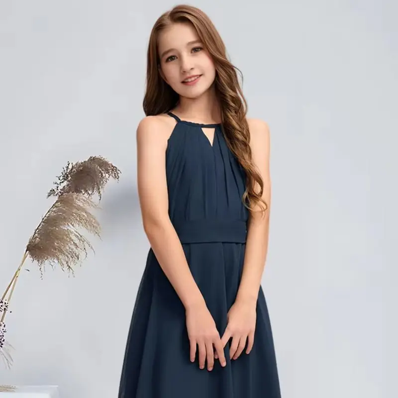 

FC Kids Child A-Line Halter Junior Bridesmaid Dress Dark Navy Flower Girl Dress For Wedding Gowns Girls Party Formal Dress​