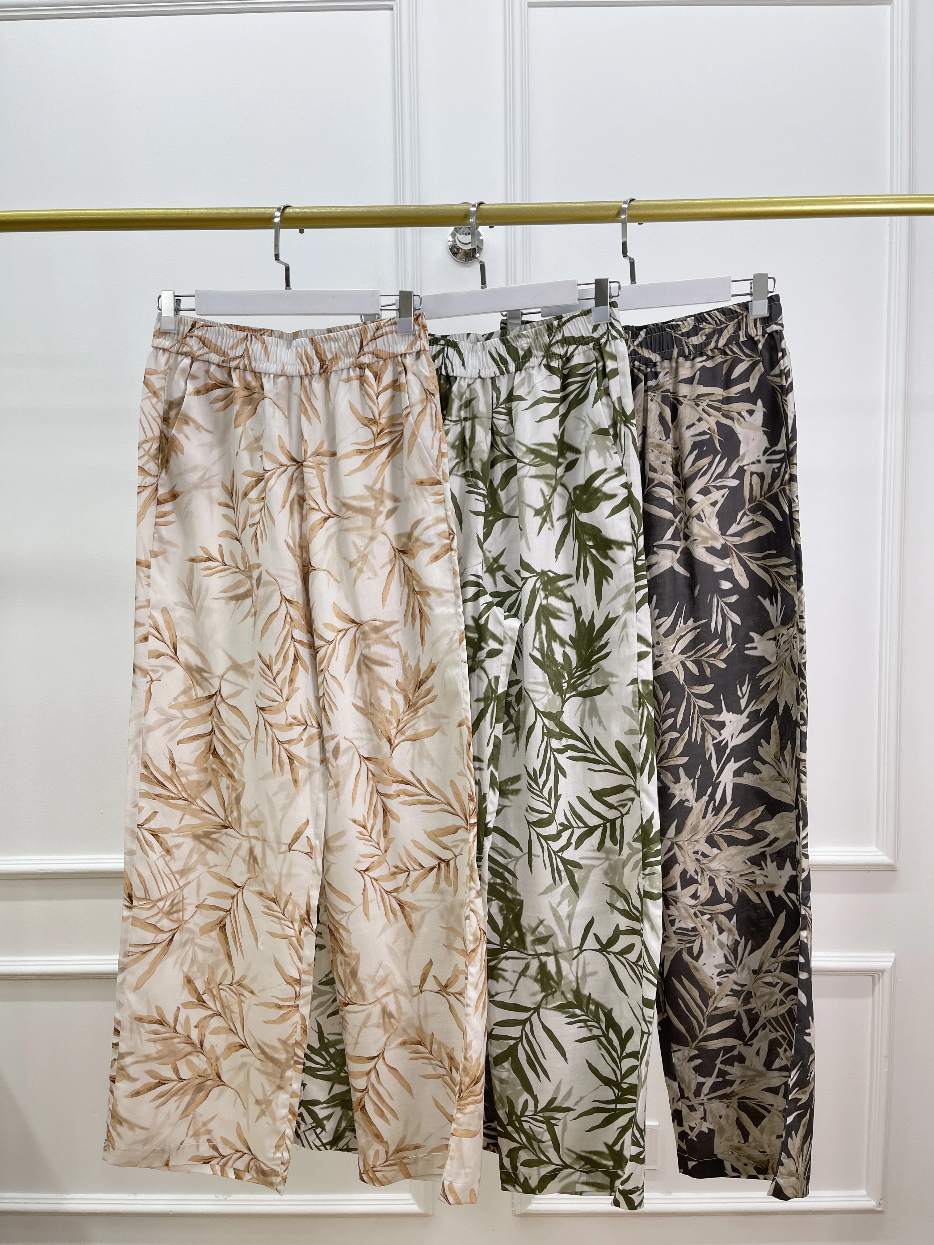 

2025 Summer High-Grade Printed Elastic Waist Tencel Ramie Wide-Leg Pants Women'S Casual
