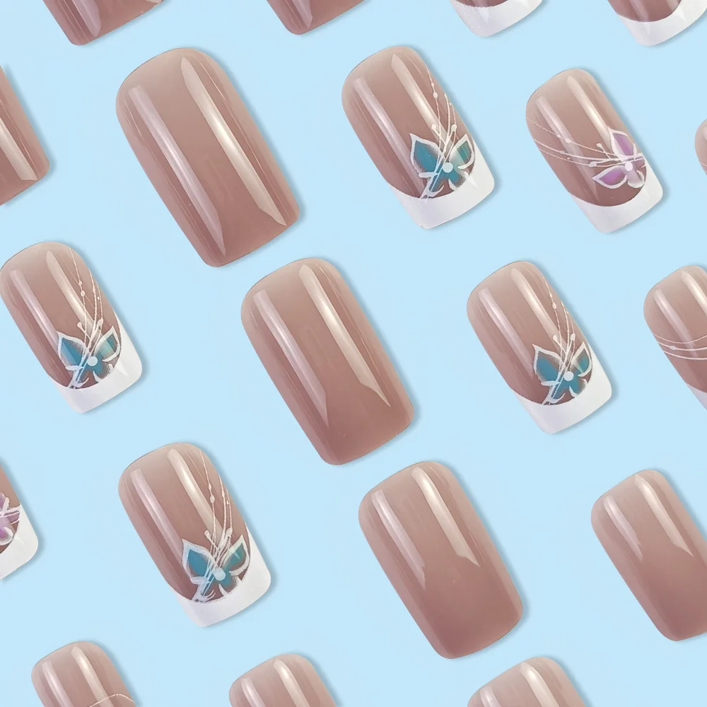 Full Cover Artificial Fake Nails French White Pink Fake Nail Short Square Butterfly False Nails Acrylic Reusable Nail 24Pcs/Set image 4