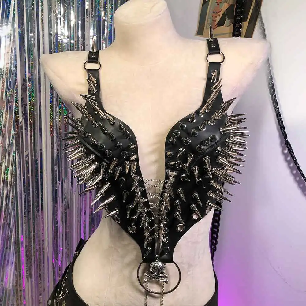 

Studded Rivet Punk Rock Gothic Emo DIY Skull E-Girls Eco Harajuku Vintage Grunge Y2K Halter Camisole TOPS Goth Hand Made Kawaii