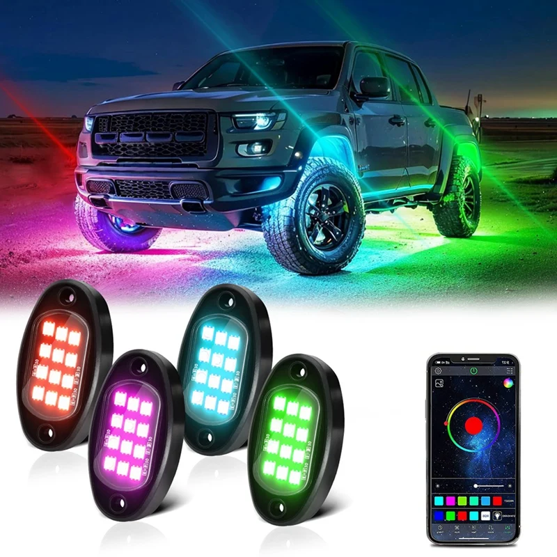 RGB Rock Lights, Multicolor Underglow Lights Kit With App Control Flashing Music Mode Waterproof Wheel Well Light Parts ,4 Pods