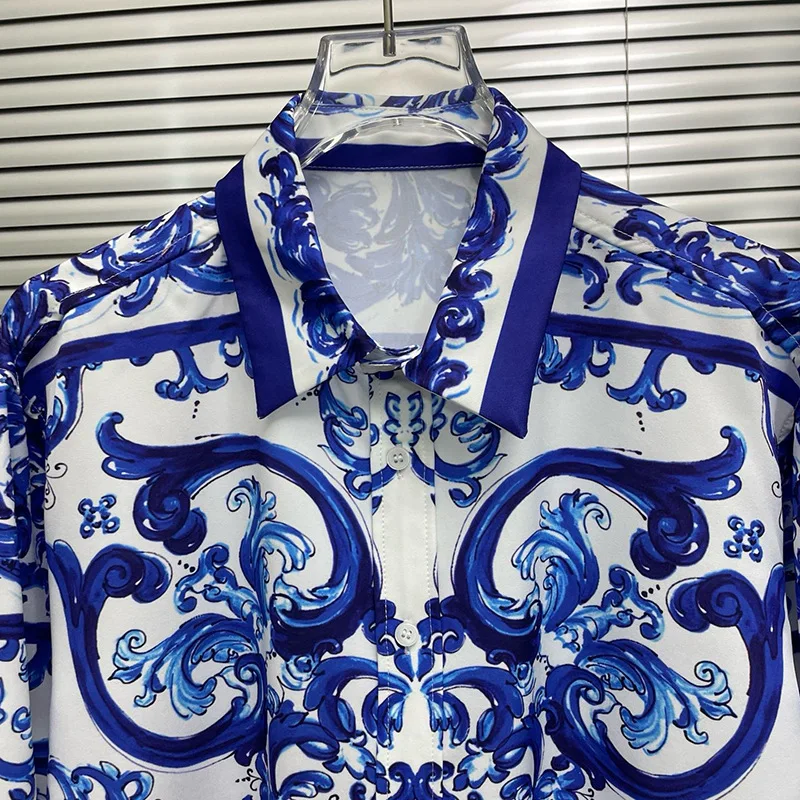 Luxury Royal Long Sleeve Shirt Men Clothing Casual Floral Printed Manga Longa Prom Party Shirts Camisas Social Masculina De Luxo