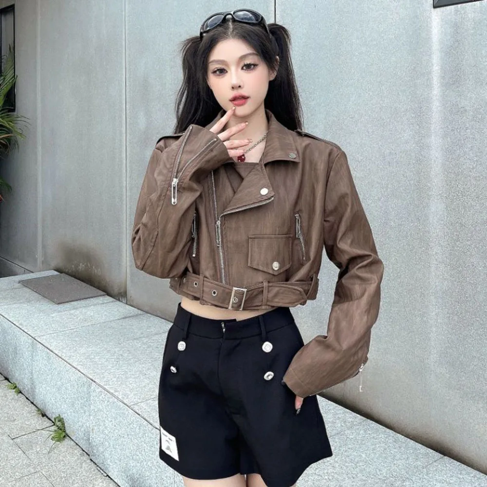 Jaket kulit Khaki Punk wanita, mantel kulit Retro ritsleting tidak beraturan pengendara sepeda motor PU kasual gaya Korea jalanan tinggi dipotong